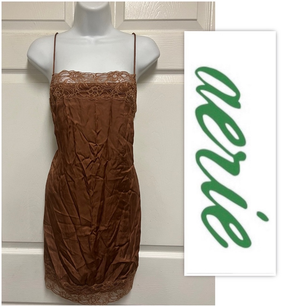 AERIE Copper Satin Lace Trim Chemise Slip Gown